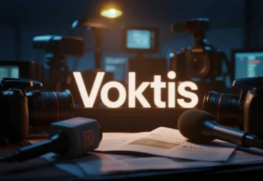 Bright Voktis sign with studio equipment in the foreground.